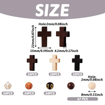 Beadthoven 211pcs/Box Rosary Making Kit, Wood Cross Beads 8mm Acrylic Cross Round Beads Spacers Easter Crucifix Cross Charms for Bracelet Jewelry Making Kit DIY Crafts