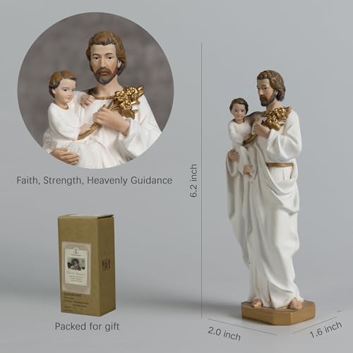 BC Catholic St. Joseph and Child Jesus Statue,6" H Catholic Saint Figure, Religious Gift for Father, Handpainted Renaissance Sculpture Purity & Grace Collection from Buildclassic (Gold &White) - color: Gold&white St. Joseph