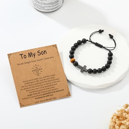 P. BLAKE Cross Bracelet for Boys Men, American Flag Cross Natural Beads Bracelet Christian Religious Birthday Jewelry Gifts for Teen Boys - style: To My Son from Dad