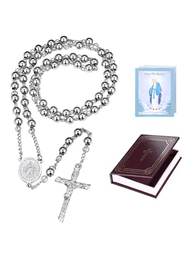 Supcare Rosary for Men Women Catholic Necklace Rosary Beads Customized - color: B01-Virgin Mary Silver with Case