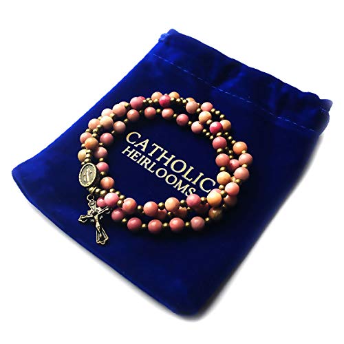 Pink Rhodonite Stone Catholic Rosary Bracelet for Women with Virgin Mary Our Lady of Graces Medal Charm - Catholic Gifts