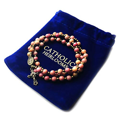 Pink Rhodonite Stone Catholic Rosary Bracelet for Women with Virgin Mary Our Lady of Graces Medal Charm - Catholic Gifts