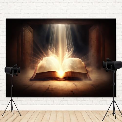 7x5ft Bible Backdrop Holy Glowing Opened Book Photography Background Jesus Christ Christian Religious Belief Church Sanctuary Baby Shower Banner Decorations Easter Portrait Photo Booth Prop - size: 7x5ft