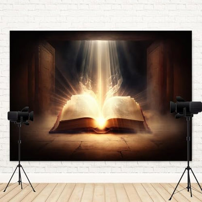 7x5ft Bible Backdrop Holy Glowing Opened Book Photography Background Jesus Christ Christian Religious Belief Church Sanctuary Baby Shower Banner Decorations Easter Portrait Photo Booth Prop - size: 7x5ft