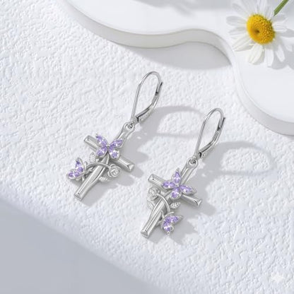 Butterfly Earrings for Women 925 Sterling Silver Birthstone Butterfly Cross Rose Dangle Earrings Elegant Butterfly's Jewelry Gift for Birthday Valentines Day Christmas - color: 6-June