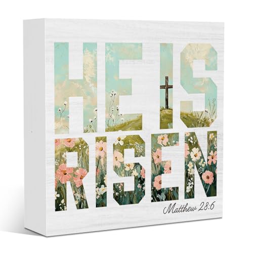 He is Risen Easter Decor Easter Christian Religious Jesus Cross Decorations for Office Home Farmhouse Room Kitchen Bedroom Dining Desk Table Wood Decor Sign 5 X 5 Inches - color: Risen4
