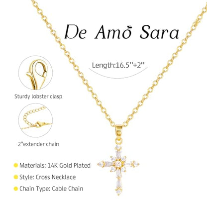 Cross Necklace for Women, Dainty 14K Gold Plated Cross Pendant Simple Long Necklaces for Women, Christian Faith Necklace Trendy Gold Jewelry Gifts for Easter - color: gold zircon cross-1