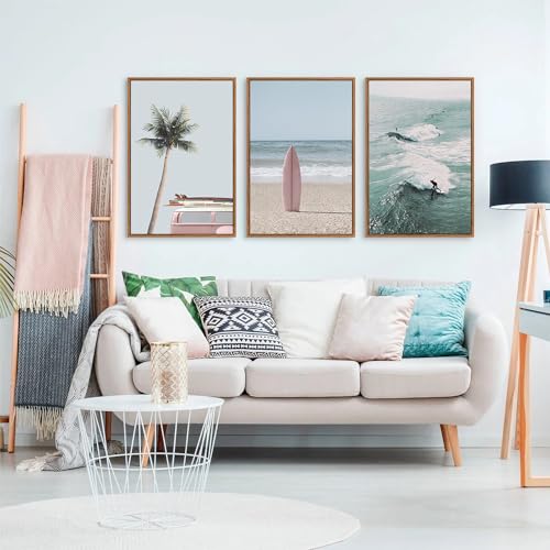 CHDITB Coastal Beach Framed Wall Art, Palm Tree Surfboard Seascape Painting - color: Beach, size: 16"L x 24"W