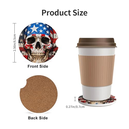 American Flag Skull Car Cup Holder Coasters 2 Pack 2.63" for Women - color: Beige‌