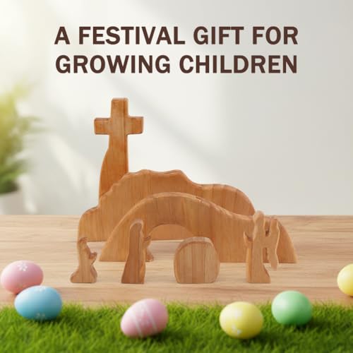 Empty Tomb Easter Scene and Christian Cross Decoration, Wooden Easter Resurrection Scene Cross Jesus Tomb Tray Set, Easter Decor for Religious Home Office Tabletop Christian Gifts