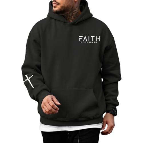 Christian Hoodies for Men Faith Cross Graphic Hoodie Jesus Fleece Sweatshirts Bible Verse Religious Pullover Tops - color: Black, size: Small