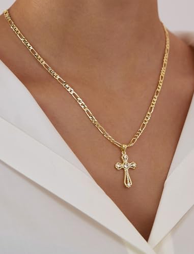 14K Gold Plated Cross Necklace for Women, Cubic Zirconia Copper Cross Pendant, Valentine Mother's Day Gifts for Her with Jewelry Box Figaro Link Chain, Alloy Infinity CZ Diamond Bridal Wedding - color: Gold