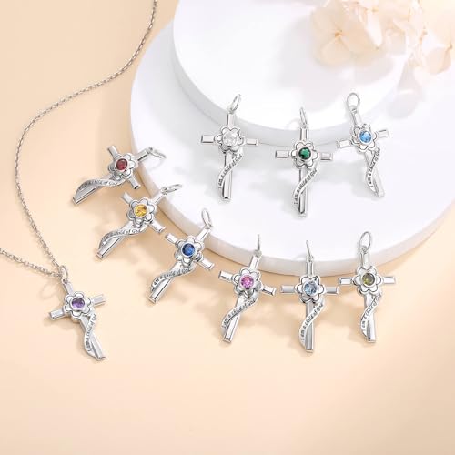 I am a Child of God Necklace - 925 Sterling Silver Birthstone Flower Cross Pendant Religious Jewelry Baptism First Communion Confirmation Gifts for Girls - style: Jul