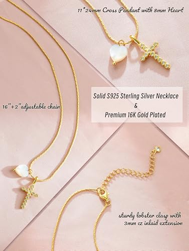S925 Sterling Silver Cross Necklace for Girls, Baptism First Communion Confirmation Gifts, Pearl Heart Pendant Necklaces, Back to School Graduation Easter Birthday Faith Gift Age: Over 8 Years Old - style: Heart Cross 16K Gold Plated