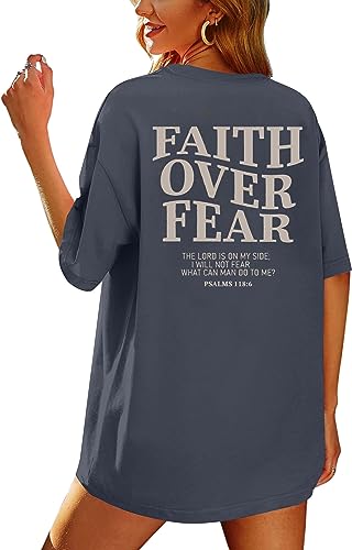 BANGELY Faith Over Fear Shirt Women Graphic Shirts Oversized Workout Gym Christian Religious Tees Drop Shoulder Tee Tops - color: Grey, size: Small
