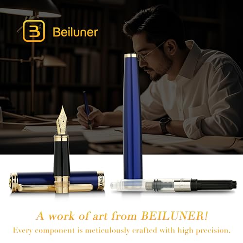 BEILUNER Blue Fountain Pen,Stunning Luxury Pens with 24K Gold Accents, Gorgeous 24K Gilded Nib(Extra Fine), Fancy Pen Gift for Men&Women -Ink Converter-Elegant, Reliable,Graduation Presents, Nice Pen - color: Blue&Gold, style: Extra Fine Nib