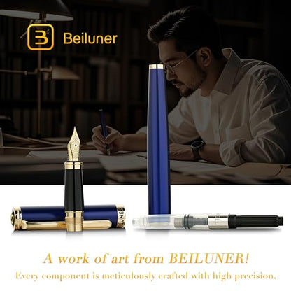 BEILUNER Blue Fountain Pen,Stunning Luxury Pens with 24K Gold Accents, Gorgeous 24K Gilded Nib(Extra Fine), Fancy Pen Gift for Men&Women -Ink Converter-Elegant, Reliable,Graduation Presents, Nice Pen - color: Blue&Gold, style: Extra Fine Nib
