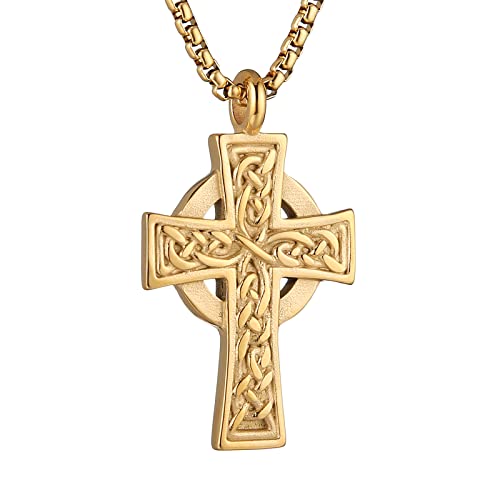 HZMAN Stainless Steel Celtic Cross Necklace for Men Women,Waterproof - color: Gold