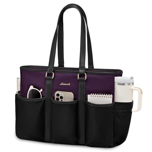 LOVEVOOK Teacher Nurse Tote Bag for Women Work, 15.6 Inch Laptop Bag for Women, Utility Everything Bag For Travel College Daily, Professional Computer Purse Large Handbag With Multi Pockets - color: Black-purple, size: 15.6 Inch
