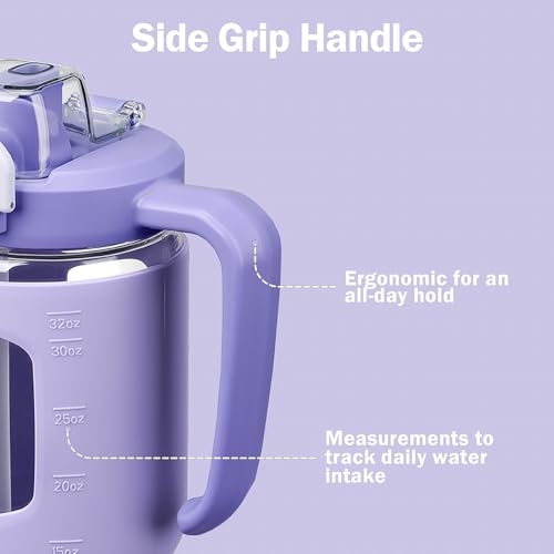 32oz Glass Tumbler with Straw Handle, Reusable Iced Coffee Cup, Purple - color: Purple