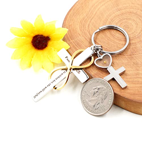 Uloveido Stainless Cross Infinity Keychain Mustard Seed Charms Psalm 46:5 Christian Bible Quote Keyring Baptism Gift - style: Heart Cross