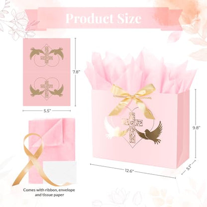 Linelglobal Baptism Gift Bag with Tissue Paper for Girl Pink Cross Gift Bag for Christenings First Communions Religious 12.6"