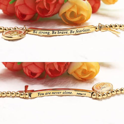DS Women Christian Charm Bracelet,Cross Scripture Stainless Steel Jewelry - style: Be strong,Be brave,Be fearless.You are never alone-Gold