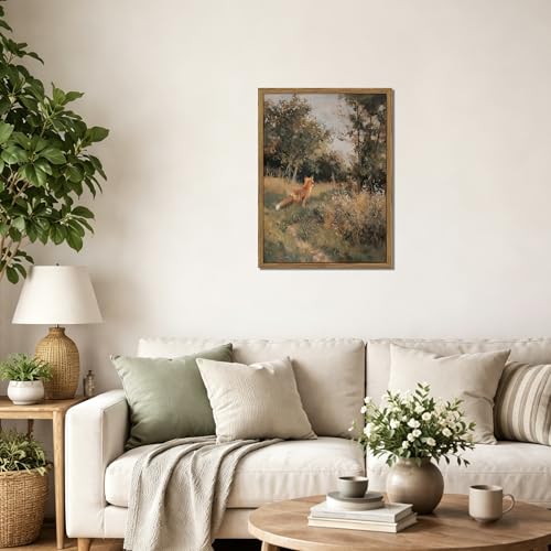 Framed Vintage Fox Wall Art, Cottagecore Fox in Forest Pictures Wall Decor Painting,Woodland Animal Canvas Prints Farmhouse Home Decor for Living Room Nursery Cabin Decor-16×24inch - color: Fox, size: 24"L x 16"W
