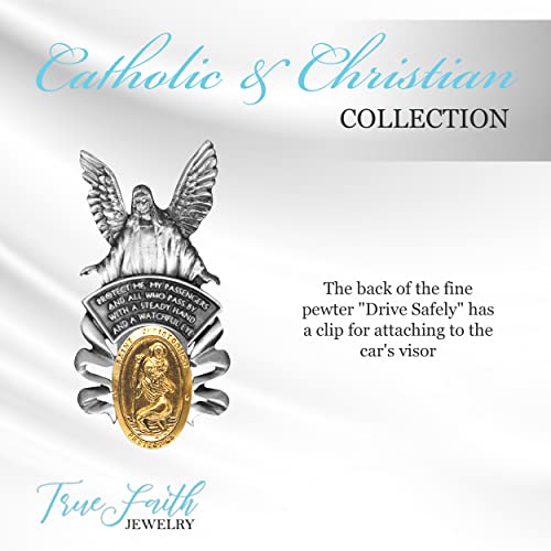 True Faith Jewelry Pewter and Gold Plated St Christopher Visor Clip for Car, Guardian Angel Patron Saint of Travelers, Gift for New Driver, Fine Pewter (92% Tin), 2-1/4 x 1-1/4 Inch - size: St. Christopher 2