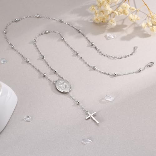 Sariel 925 Sterling Silver Rosary Necklace Bracelet for Women Virgin Mary Medallion with Cross Pendant Catholic Prayer Beaded Chain Religious Jewelry Gift (Necklace)