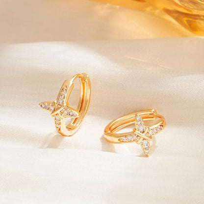 Huggie Hoop Earrings for Women Gold CZ Stud Earrings 14K Gold Filled Small Boho Huggie Earrings Hypoallergenic Piercing Hoops Jewelry - style: Cross