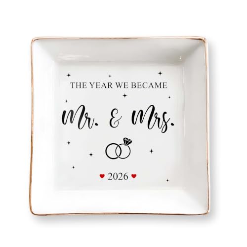 Wedding Gifts for Couples 2026, Mr and Mrs 4" Ceramic Jewelry Tray, Gift for Bride Newlywed - Engagement, Just Married Ring Dish Gift for Her, Bachelorette & Bridal Shower Gifts for Bride - color: Mr & Mrs 2026