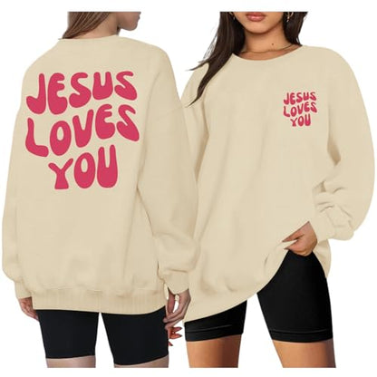 Christian Sweatshirts Women Jesus Loves You Sweatshirt Faith God Shirts Religious Hoodie Oversized Crewneck Pullover - color: Apricot, size: XX-Large