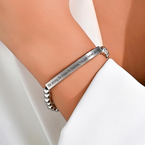 Inspirational Christian Bracelet for Women, Stainless Steel Beaded Cross Jewelry with Bible Verse, Religious Faith Gift for Mom, Daughter, Sister, Friend - color: Be strong,Be brave,Be fearless.You are never alone-Silver Bead