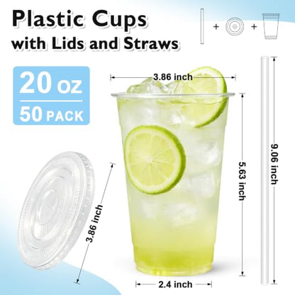 20 oz 50 Pack Disposable Clear Plastic Cups with Lids and Straws - size: 20 oz