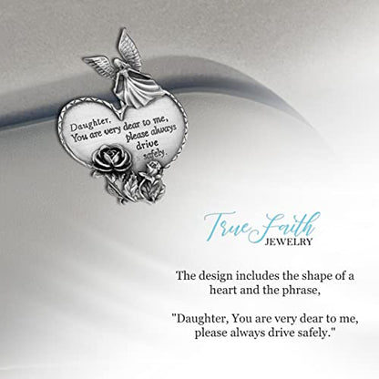 True Faith Jewelry Pewter Daughter Drive Safely Heart Car Guardian Angel Visor Clip, New Driver Gifts from Mom and Dad, Fine Pewter (92% Tin), 3-7/8 x 1-7/8 Inch - size: Daughter