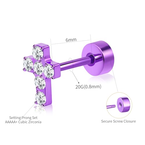 XUU Purple Stud Earrings 20G ASTM F136 Implant-Grade Titanium - color: purple cross