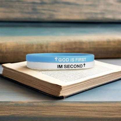 LIU JUN God Is First Bracelet, GOD IS FIRST IM SECOND Christian Rubber Bracelets Inspirational Engraved Bible Verses Cross Silicone Bracelet For Women Men Faith Gifts - color: 2pcs blue-white