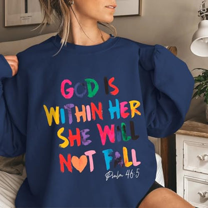 Wrenpies Christian God Is Within Her Sweatshirts for Women Jesus Faith Bible Verse Shirts Inspirational Hoodie Pullover Tops - color: Navy Blue, size: XX-Large