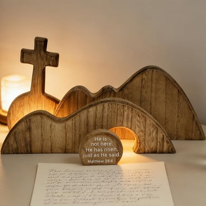 Wooden Empty Tomb Easter Christian Decoration, Religious Resurrection Scene - color: Brown-4 Pieces