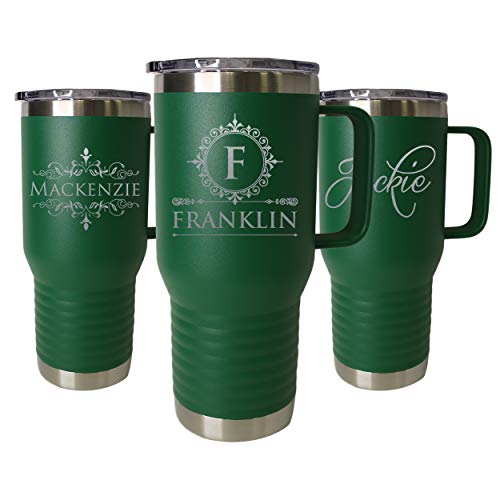 Custom Personalized 20 oz Stainless Steel Powder Coated Vacuum Insulated Double Walled Travel Tumbler Coffee Mug with Handle and Lid (Green) - color: Green