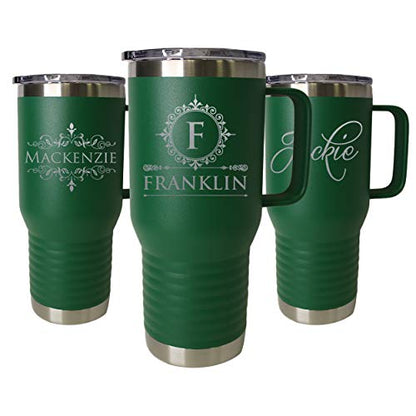 Custom Personalized 20 oz Stainless Steel Powder Coated Vacuum Insulated Double Walled Travel Tumbler Coffee Mug with Handle and Lid (Green) - color: Green