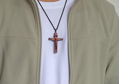 Rnivida Natural Wooden Crucifix Cross Necklace for Men - Handmade Adjustable Rope Chain with Large Religious Pendant, Catholic Christian Spiritual Jewelry Gifts - color: Brown