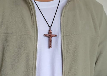 Rnivida Natural Wooden Crucifix Cross Necklace for Men - Handmade Adjustable Rope Chain with Large Religious Pendant, Catholic Christian Spiritual Jewelry Gifts - color: Brown