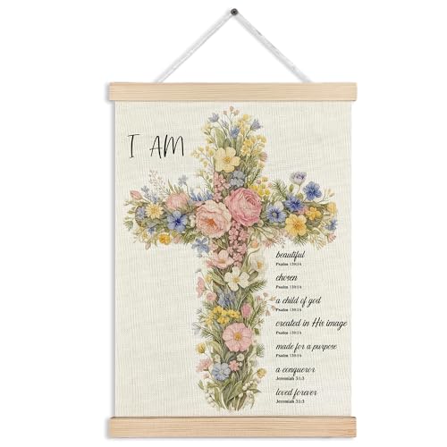 MKIJUHB Christian Floral Cross Wall Art Decor, Faith Wall Decor, I Am Inspirational Bible Verse Easter Framed Hanging Canvas Prints for Home Church Prayer Room Walls Decorations, 12x16 Inch - color: Christian Canvas wall art decor 18
