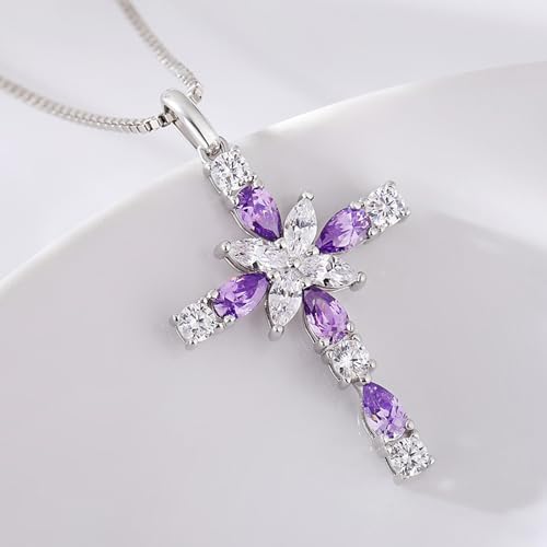 925 Sterling Silver Cross Necklace for Women，Birthday Delicate Star Cross Necklace Jewelry Gifts for Women，Birthstone Religious Jewelry for Mom, Chain 18 inch - color: B. 2. Purple-February-Amethyst