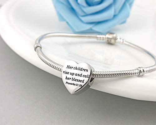 Heart Charm Fit Pandora Charms Bracelet Christian Bible Verse Charm Prayer Faith Religious Charms Gifts for Women - style: Her chlldrne rise up and call her blessed Proverbs 31:28