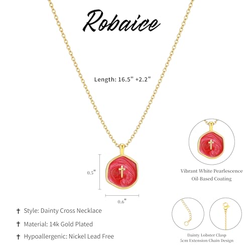 Robaice Cross Necklace for Women, Dainty 14K Gold Plated Cross Necklace - style: disc cross red