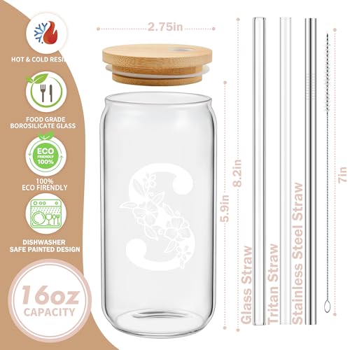 Personalized Tumbler, Monogrammed Can Glass Cups with Bamboo Lids and Straws, Customized Gifts for Women, Cute Design Initial Iced Coffee glasses, Custom Letter Mug, Birthday Bridesmaid, B - style: Monogram B