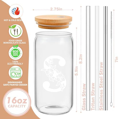 Personalized Tumbler, Monogrammed Can Glass Cups with Bamboo Lids and Straws, Customized Gifts for Women, Cute Design Initial Iced Coffee glasses, Custom Letter Mug, Birthday Bridesmaid, F - style: Monogram F